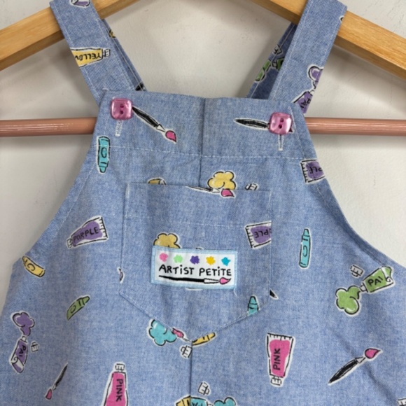 Vintage 90s Rare Carters Overalls Baby Girls 12M Artist Romper Paint Crayons - Picture 3 of 11